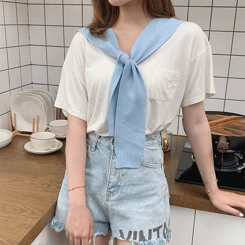 Korean Knitted Shawl Air-conditioned Room Female Blouse Shoulders Fake Collar Cape Knotted Scarf Solid Color Neck Guard Scarve