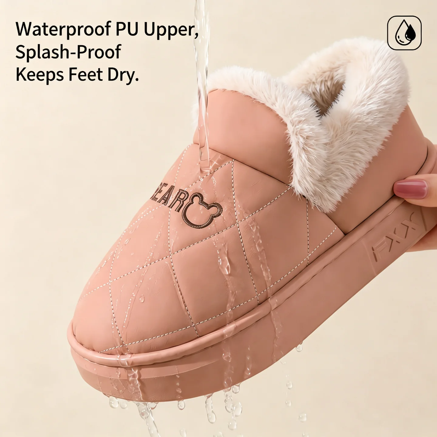 Winter Wasserdichte Hausschuhe für Damen und Herren, Warme Plüsch-Hausschuhe mit Dicker Sohle, Bären-Stickerei, Rutschfeste Indoor-Baumwoll-Fell-Schuhe – Detail 23