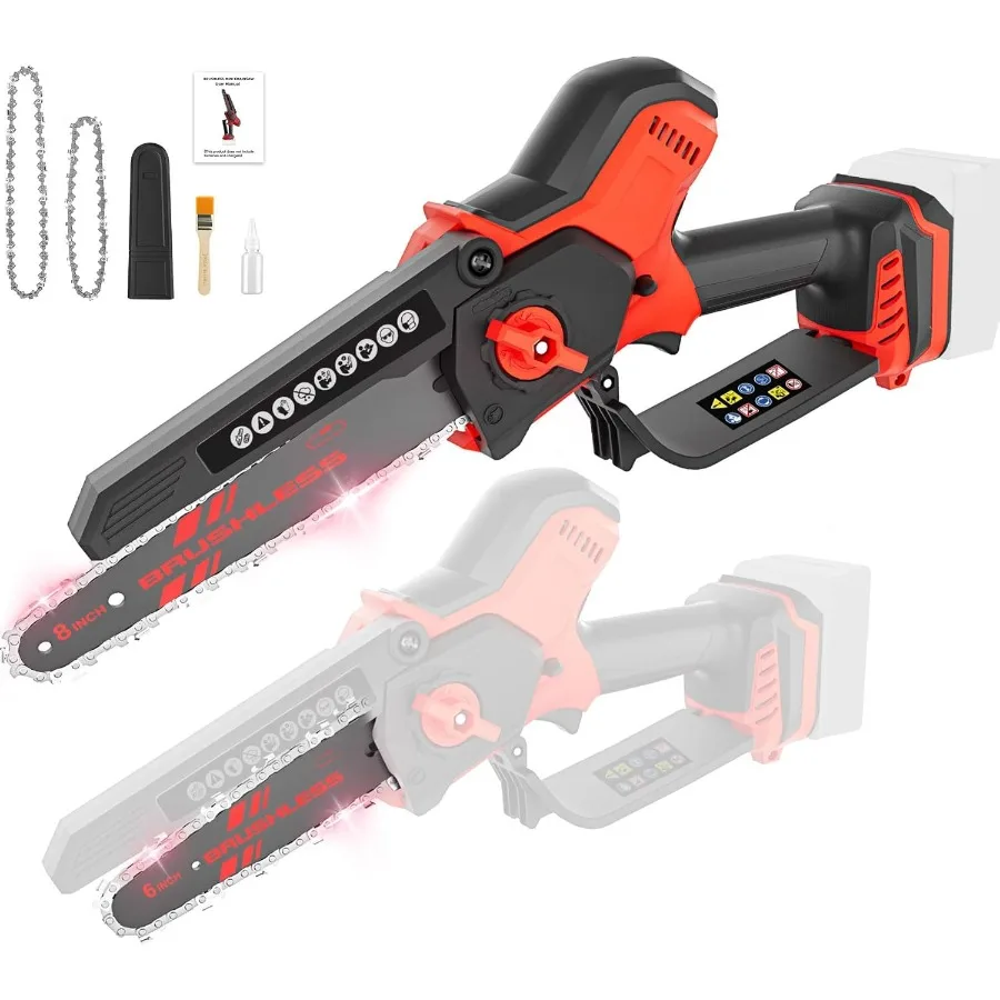800W ブラシレスコードレスチェーンソー、オートオイルラーと安全ロック付き、木の剪定と木材切断用、2IN1、8インチと6インチのデュアルブレード