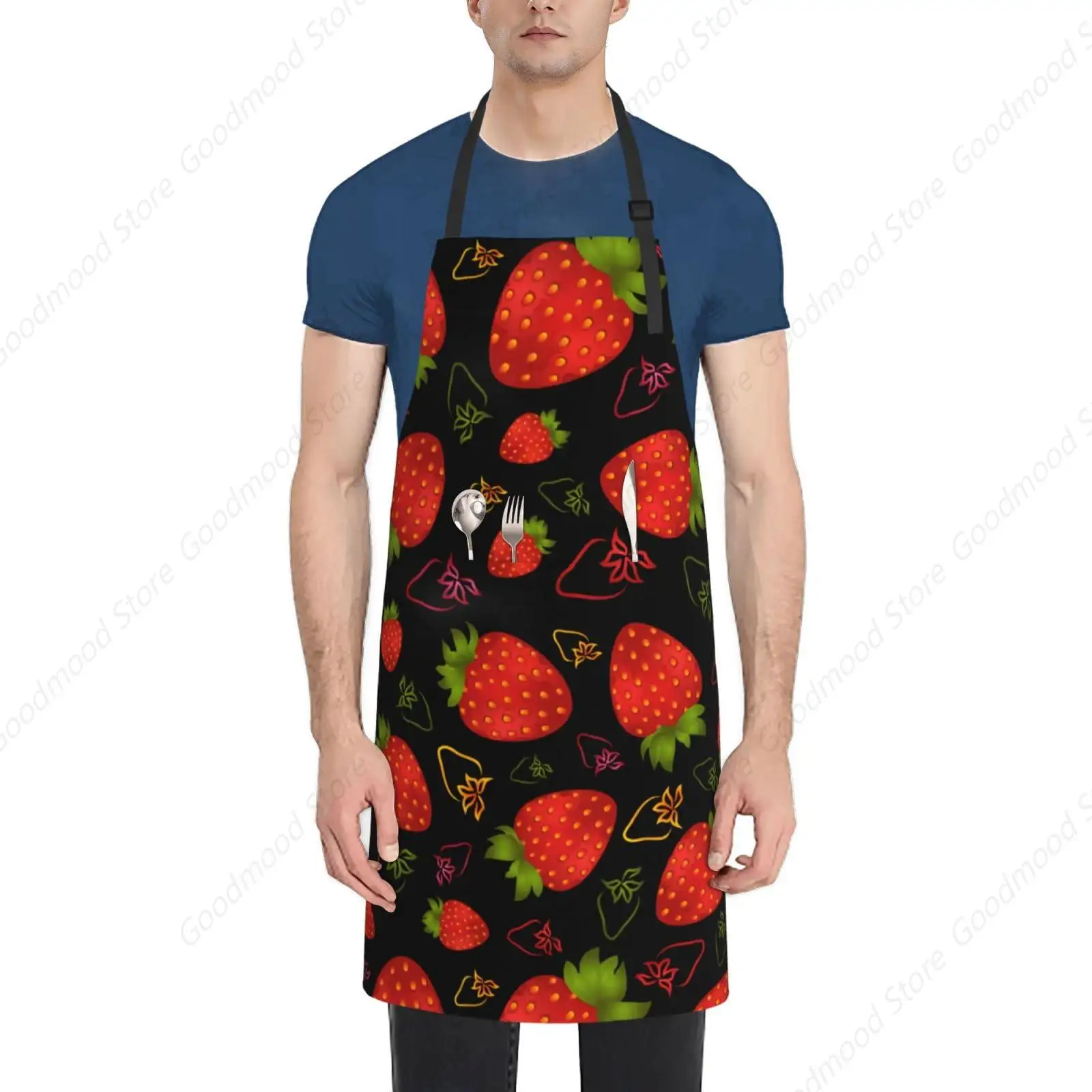 Strawberry Apron Home Kitchen Cooking Baking Gardening Painting Aprons for Women Men With 2 Pockets