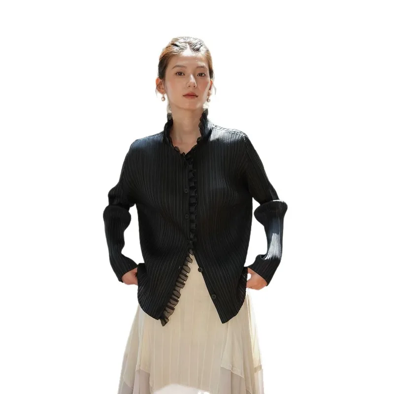 Miyake Pleated 2026 Autumn New French Style Ruffled Shirt Casual V-neck Ruffled Long Sleeve Fashionable Cardigan Elegant Pleat