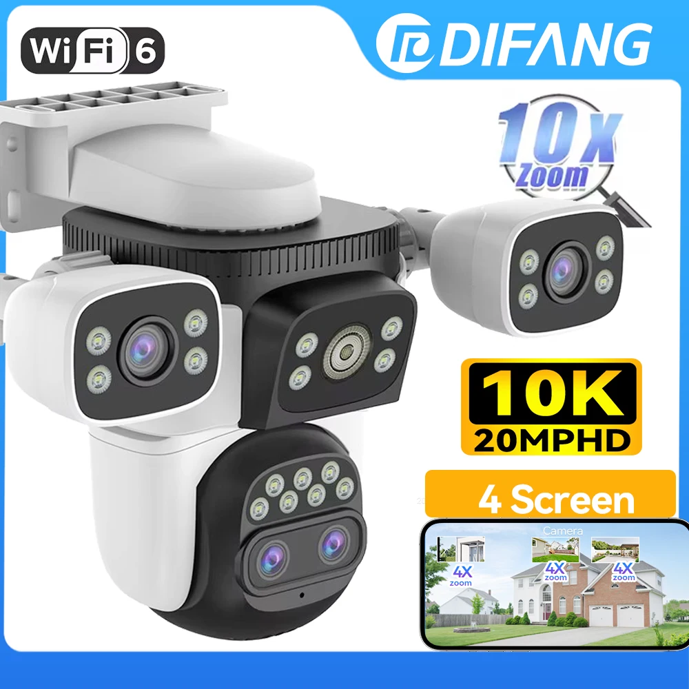 10K UHD WiFi6 Security Camera Outdoor Four Screen Surveillance Network Cam 10X Zoom PTZ 20MP Video Surveillance Smart Home