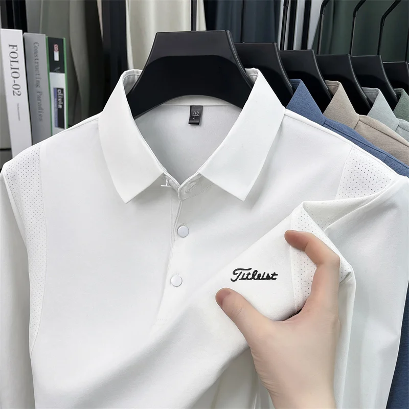 Original Man Long Sleeved Polo Shirt Quick-Dry Breathable Lapel Button Exquisite Letter Printing Autumn Leisure Sports Mens Wear