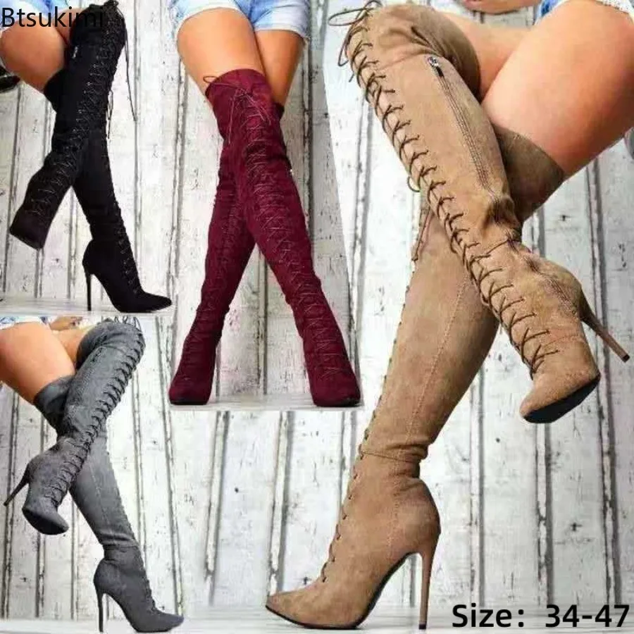 Damenstiefel mit spitzer Zehenpartie, Overknee-Stiefel, Herbst-Winter, sexy High Heels, einfarbig, lässige Stiefel, Schnürstiefel, Stiletto, lange Stiefel