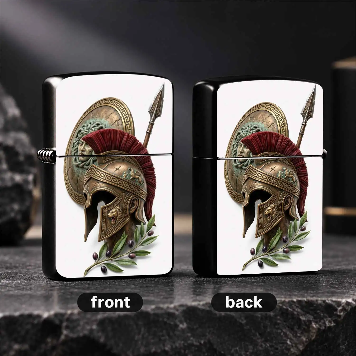 Vintage Greek Themed Lighter With Embossed Helmet Shield Olive Branch Pattern Artistic Daily Carry Accessory Multi-Scenario Practical Gift Exquisite Collectible Portable Item For Daily Use Gifting A Humorous And Interesting Lighter