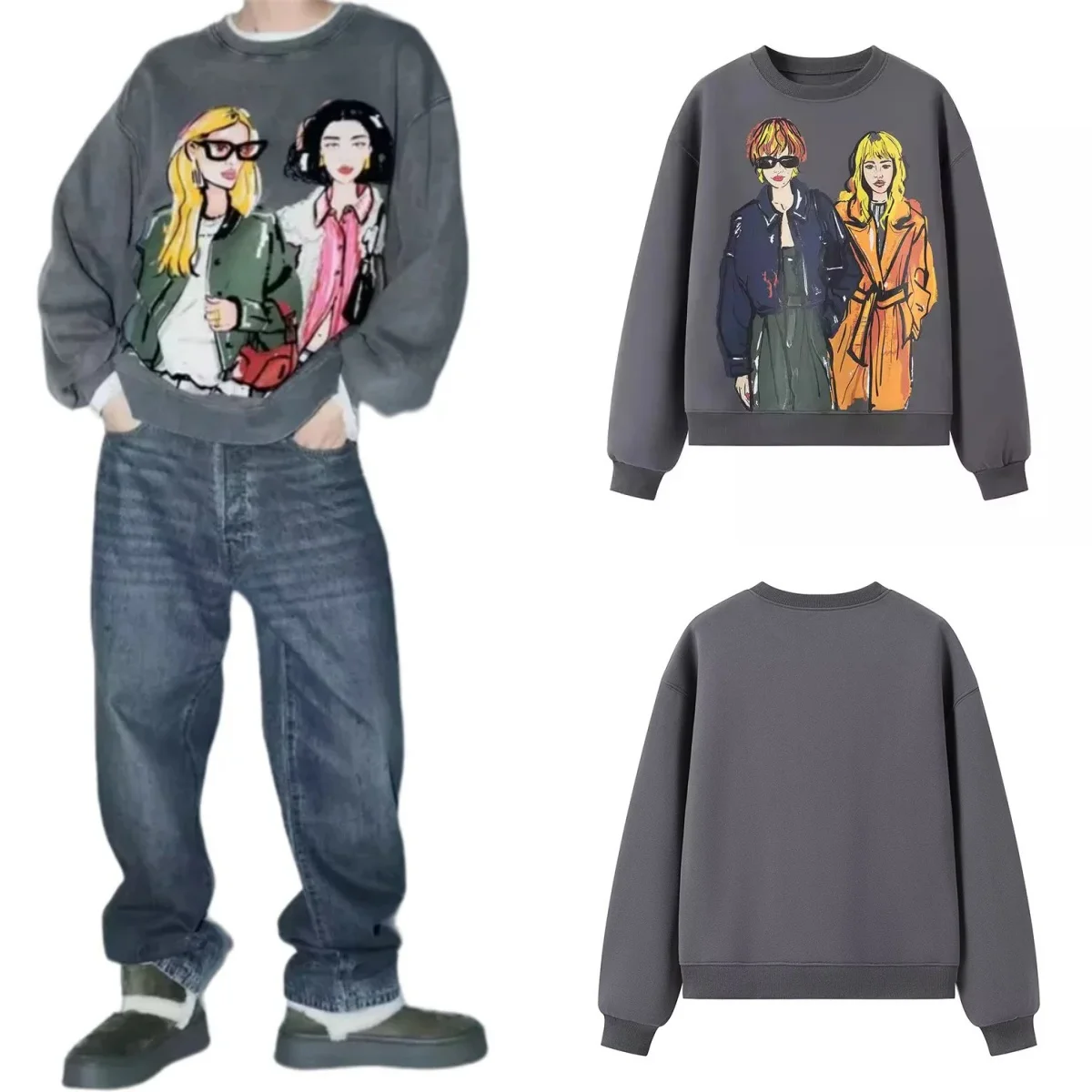 

2024 Autumn/Winter New Product Women's New Fashion Casual Loose Versatile Round Neck Long Sleeve Printed Sweater