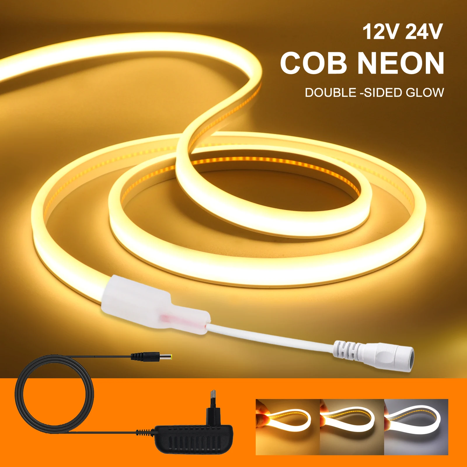 DC 12V 24V COB Strip 320Leds/M High Density RA90 White Warm White Natural White Flexible Ribbon Rope LED Light with Power Plug