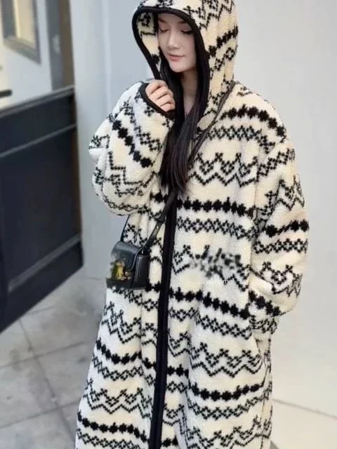 Korean High Quality Hooded Zipper Robe Men Women Winter Thick Warm Long Ankle Home Clothes Couples Matching Warm Striped