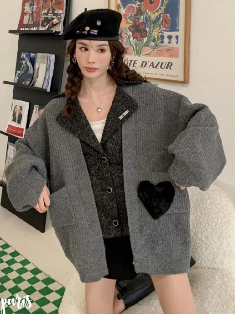 Winter Clothes Women Fake Two Jackets Chic Woolen Patchwork Outwear Oversized Tops Casual Thicked Vintage Coat 2026 Ropa Mujer