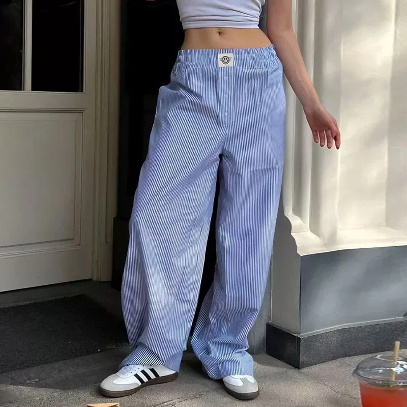 

Blue Stripe Casual Loose Baggy Trousers For Women Button Details Elastic High Waist Boho Fashion Straight Leg Pants