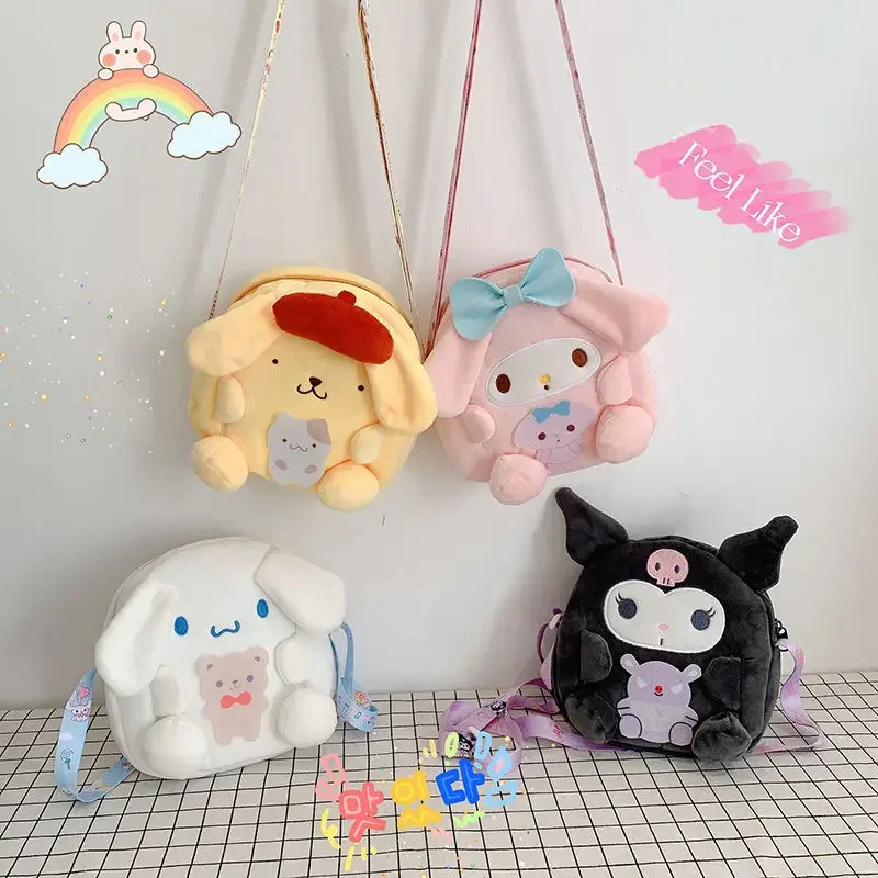 

Sanrio Plush Stuffed Bag Mymelody Kuromi Cinnamoroll Pompom Purin Anime Toys Kawaii Handbags Backpack Girl Children Birthday Gif