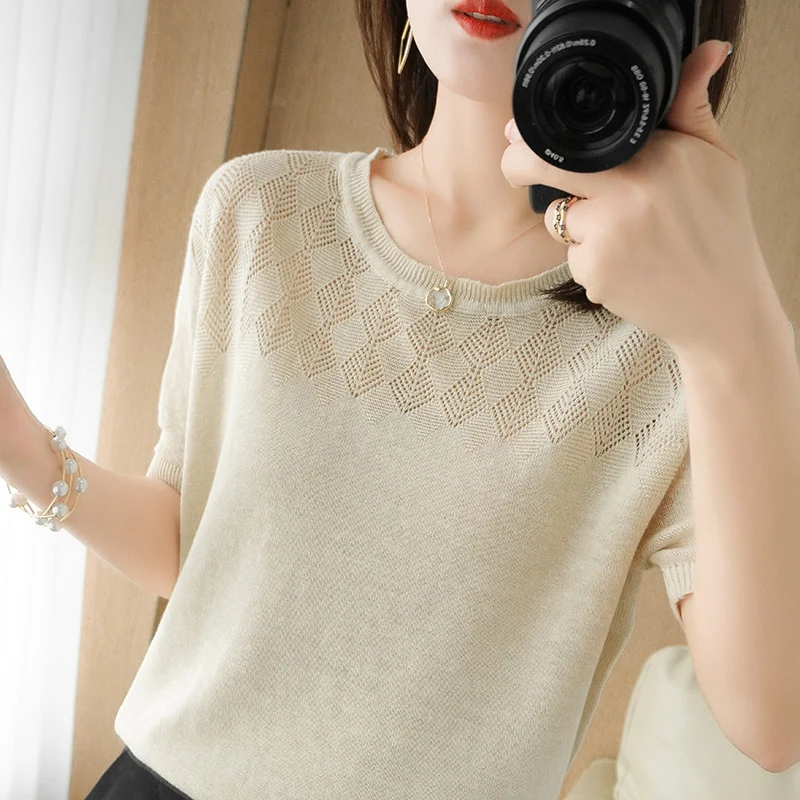 المرأة تي شيرت صيف جديد 100% القطن محبوك قصيرة الأكمام عادية الجوف خارج بلوزة ملابس السيدات O البلوز تيز فضفاض القمم