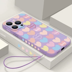 Luxury Colorful Love Hearts Lanyard Case For iPhone 15 Pro Max Coque iPhone 11 12 13 14 16 17 Pro Max 16E 17 Air Cover Fundas