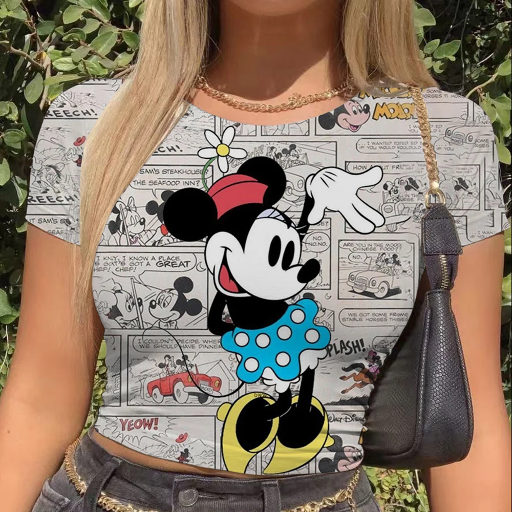 Damski sweter dziergany, dopasowany T-shirt, damski top na szydełku z krótkim rękawem, odkrywający pępek, z motywem Myszki Miki, nowy, damski, letni.