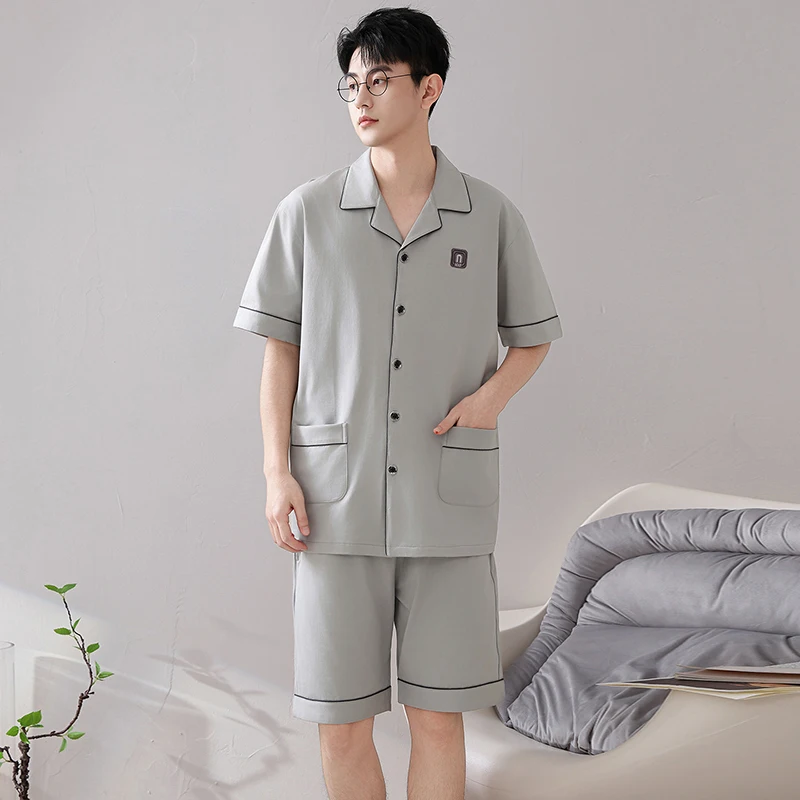 

Big Size M-4XL Men Pajamas Set Summer 100% Cotton Short-sleeve Pijama Male Turn-down Collar Solid Sleepwear