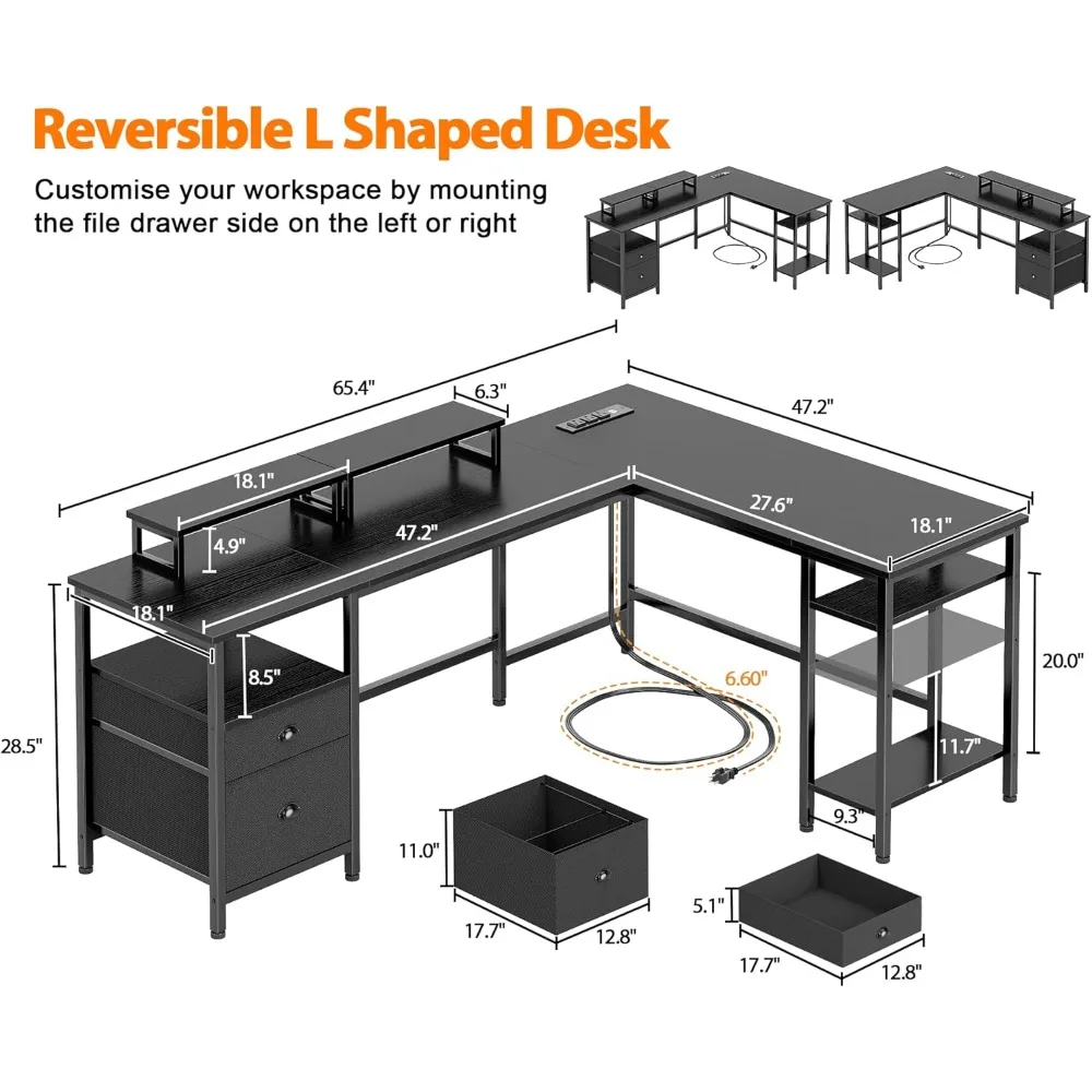 L-Shaped Gaming Desk with Power Outlet, Reversible Design, File Drawer, and Dual Monitor Stands for Home Office