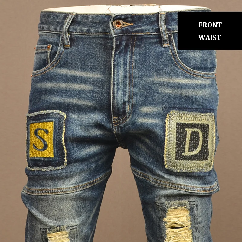 High Street Fashion Men Jeans Retro Washed Blue Stretch Slim Fit Ripped Jeans Men Patch Designer Hip Hop Denim Pants Hombre