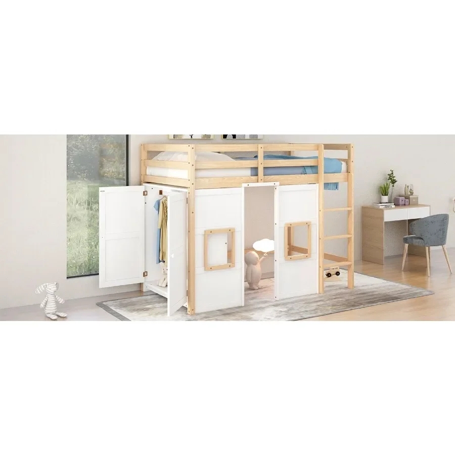سرير علوي خشبي مزدوج الحجم مع خزانة تخزين مدمجة ونفذين طبيعي/أبيض