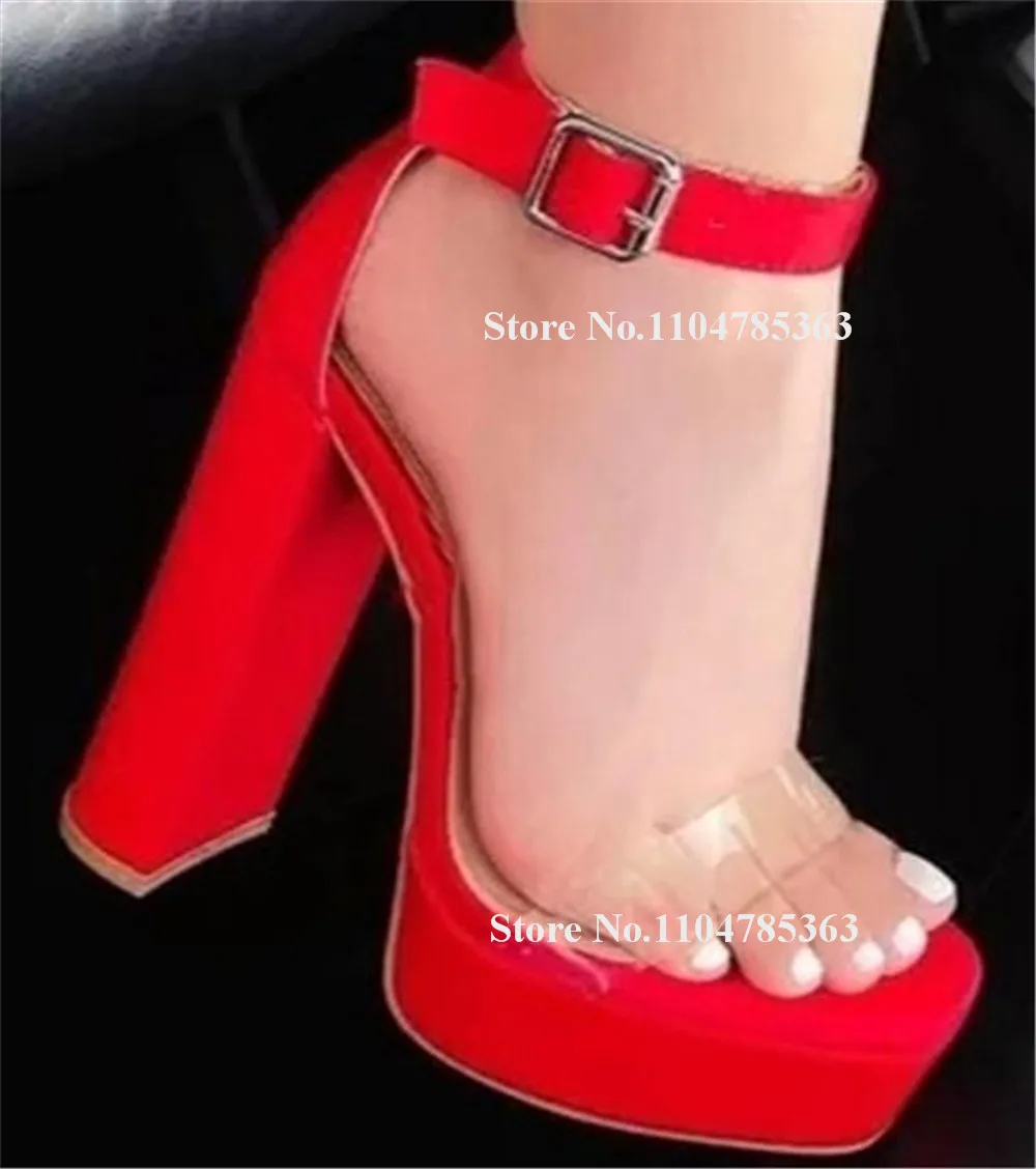 

Прозрачные босоножки из ПВХ с ремешками в стиле пэчворк на массивном каблуке, с открытым носком, красные, розовые, синие замшевые прозрачные модельные туфли на высокой платформе и толстом каблуке