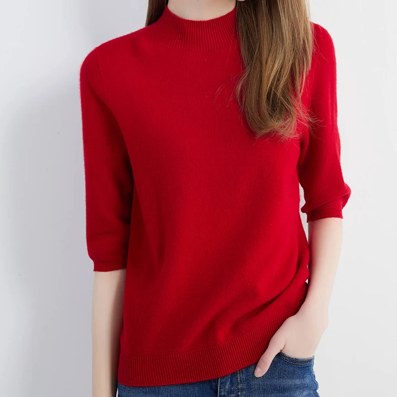 Wool Top Women\'s Sweater Knitwears Short Sleeve Pullover 100% Wool Half Turtleneck Sweater for Women Knit Jumper Female Clothing