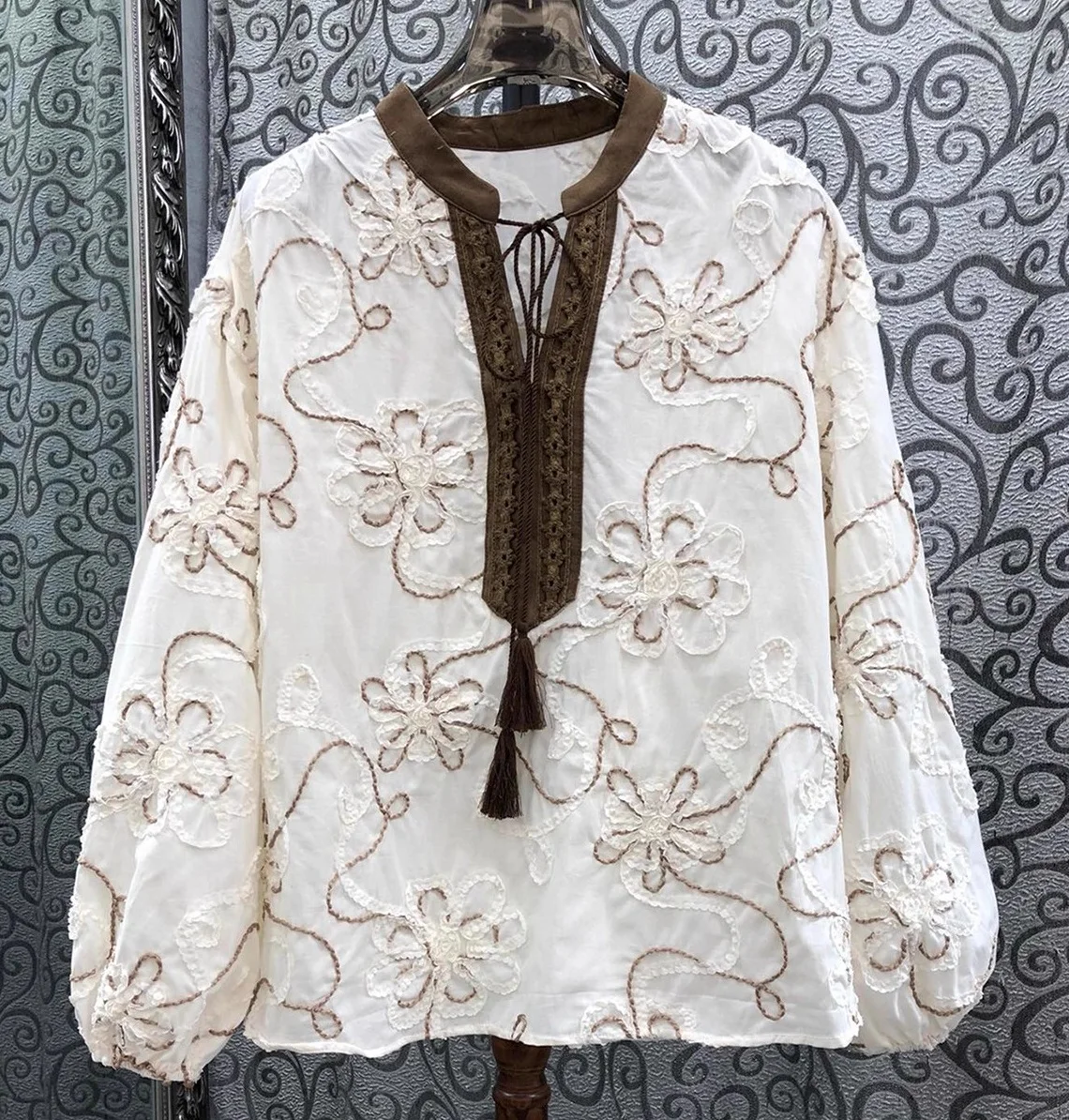 

100%Cotton Blouse Shirt 2025 Autumn Designer Fashion Women Allover Applique Flower Embroidery Long Sleeve Elegant Loose Tops