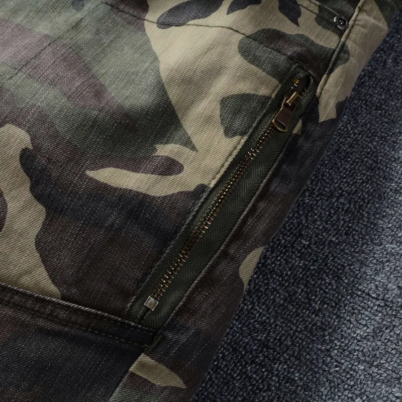 

Fashionable new military green men's jeans washed with retro elastic slim fit printing design designer pants hombre