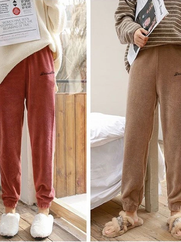 Women's Comfortable Coral Fce Warm Pants Home Leisure Pants High Waist Nine Points Polyester Fabric Thiened Fce Pants