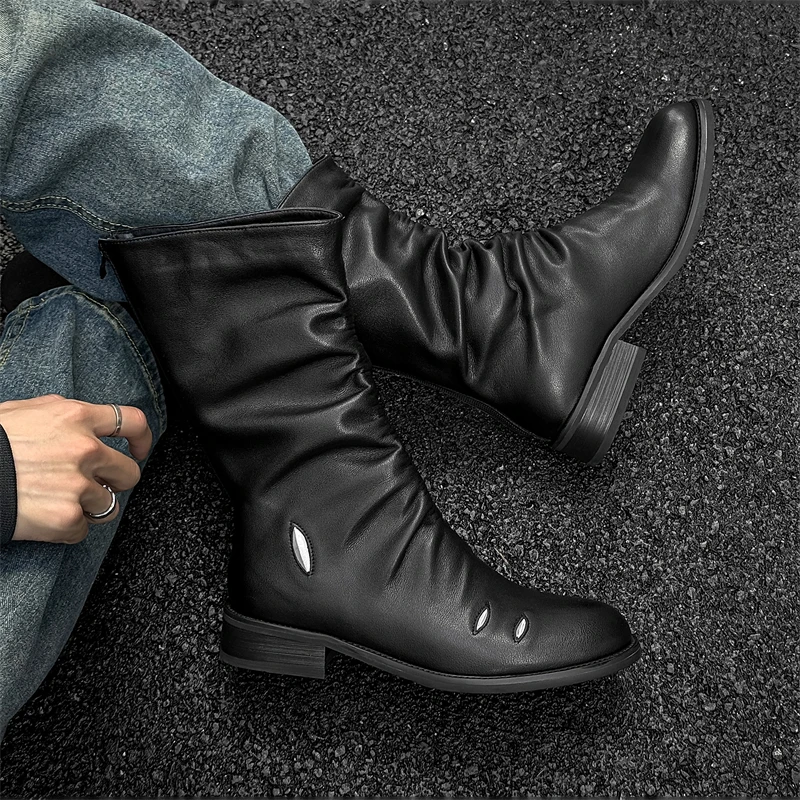 Original Design Hight Quality British Punk Style Calf-High  Height Increasasing Boots For Men\'s Black Hombre Party Banquet Dress