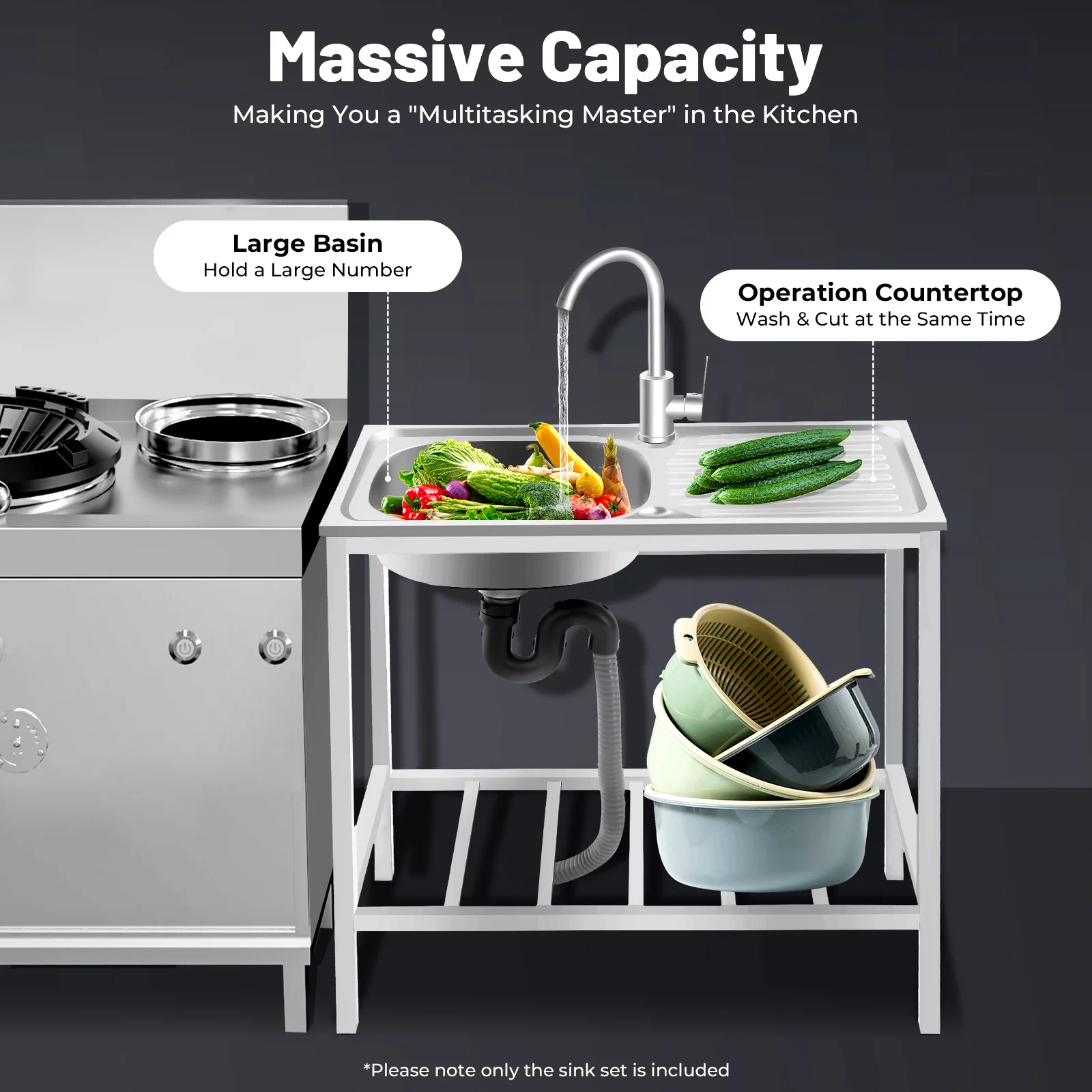 

13.7×12.2×5.12 in Sink with Operation Countertop Bottom Shelf Kitchen Single Bowl Sink 360° rotatable faucet Bottom Storage