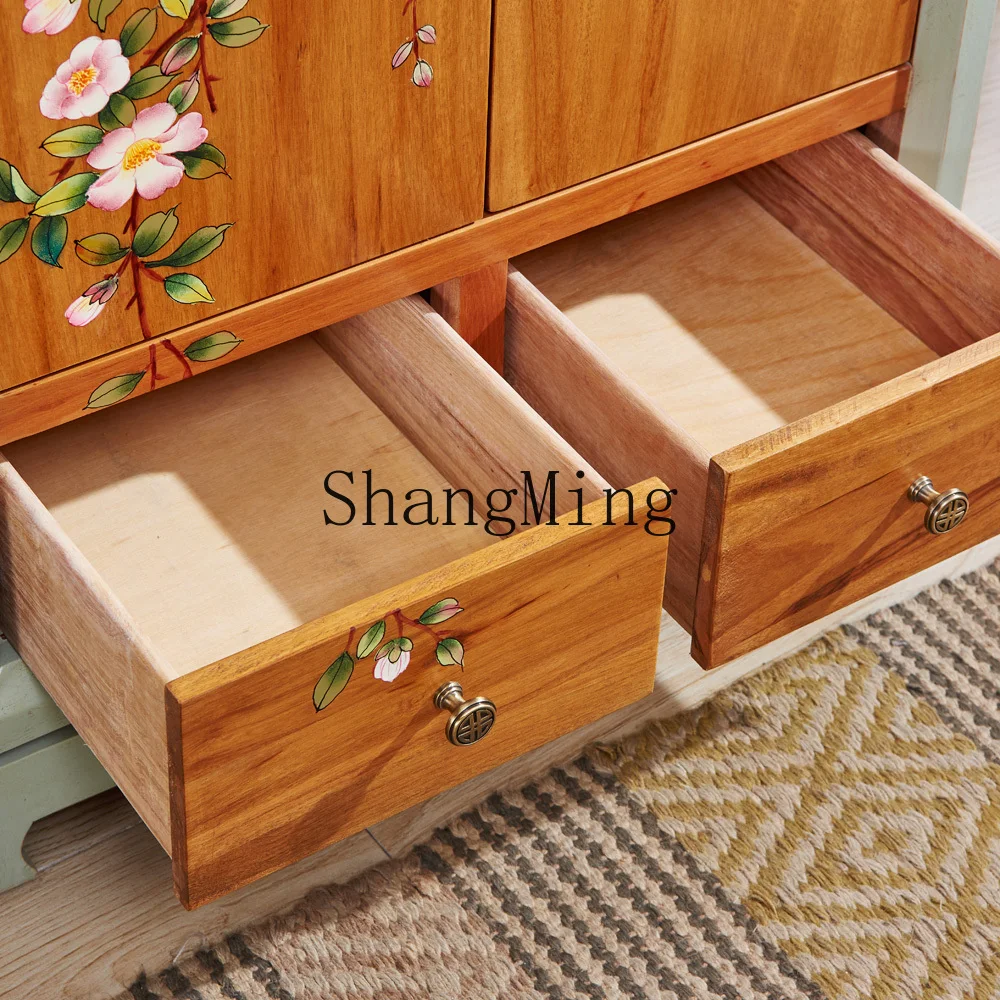 ZYY New Chinese-style painted double-door cabinet Solid wood small apartment shoe cabinet Neoclassical retro old porch cabinet