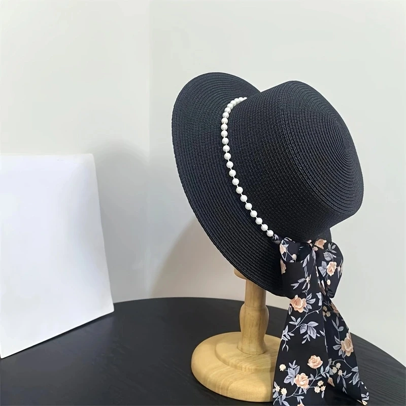 

Beach travel large eaves sunscreen fisherman hat trend new flat straw hat polka dot streamer pearl elegant flat hat