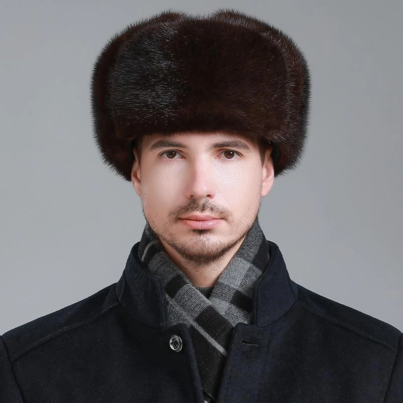 

Hot Sale Men Quality 100% Natural Mink Fur Hat Winter Man Super Warm Real Mink Fur Cap Male Real Sheepskin Leather Bomber Hats