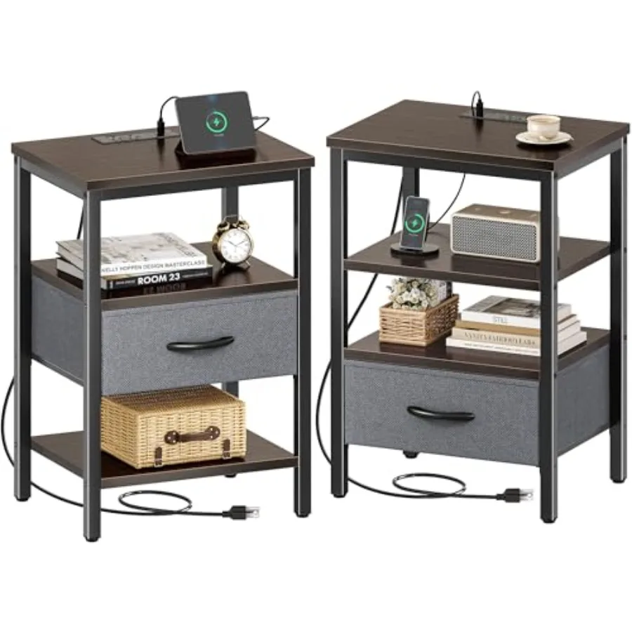 

Nightstand Set of 2 Bed Side Tables with Charging Station Adjustable Fabric Drawer Night Stand for Bedroom 3-Tier Storage End T