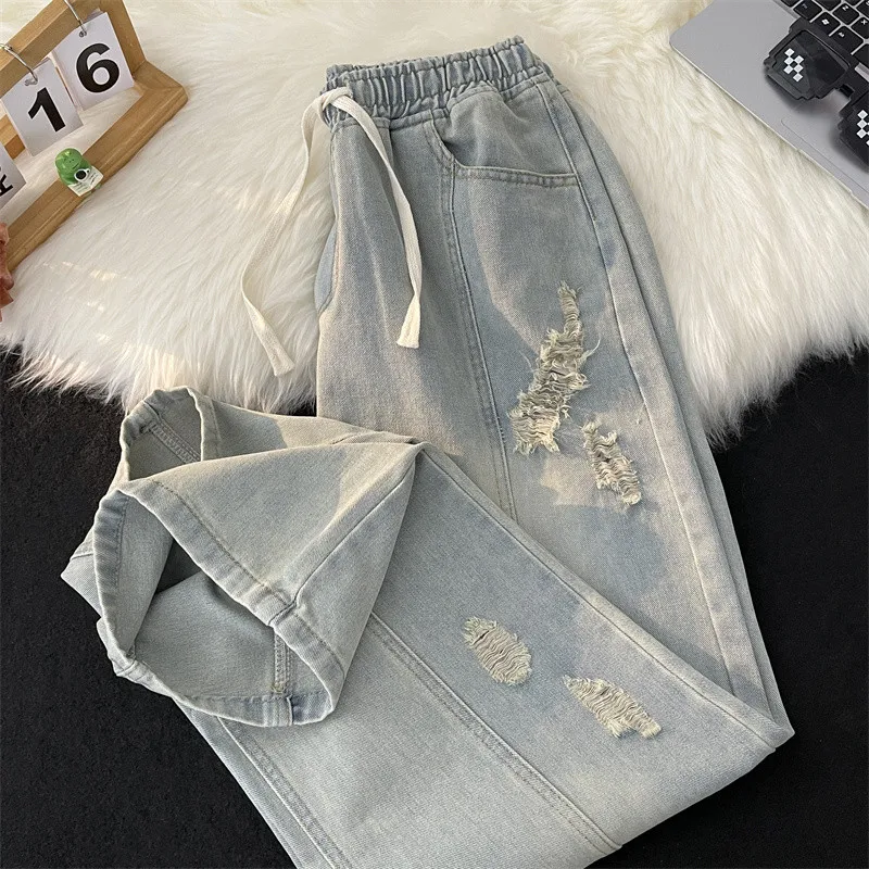 

Мужские тонкие рваные джинсы, новые летние американские уличные повседневные свободные прямые синие брюки, модные универсальные брюки на шнурке