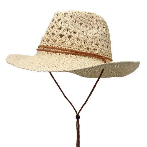 Imagen 2 del producto Sombrero de sol de vaquero occidental Vintage para hombre y mujer, sombrero de paja para viajes al aire libre, regalo de estilo étnico, gorra con protección UV, sombrero de playa