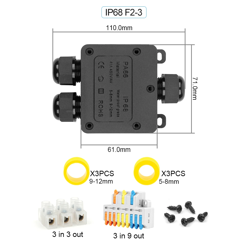 IP68 3 Way Waterproof Junction Box 5-12mm Cable Electrical Wire Connectors With 32A 250V Terminal External Electric Junction Box image 4