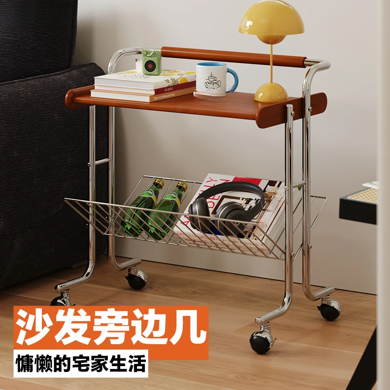 

Cart retro home solid wood sofa edge living room movable creative Internet celebrity stainless steel dining car