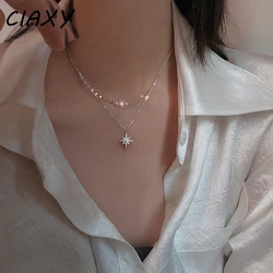 CIAXY Silver Color Stars and Moon Inlaid Zircon Necklace Women Double-layer Clavicle Chain Choker Necklace Jewelry
