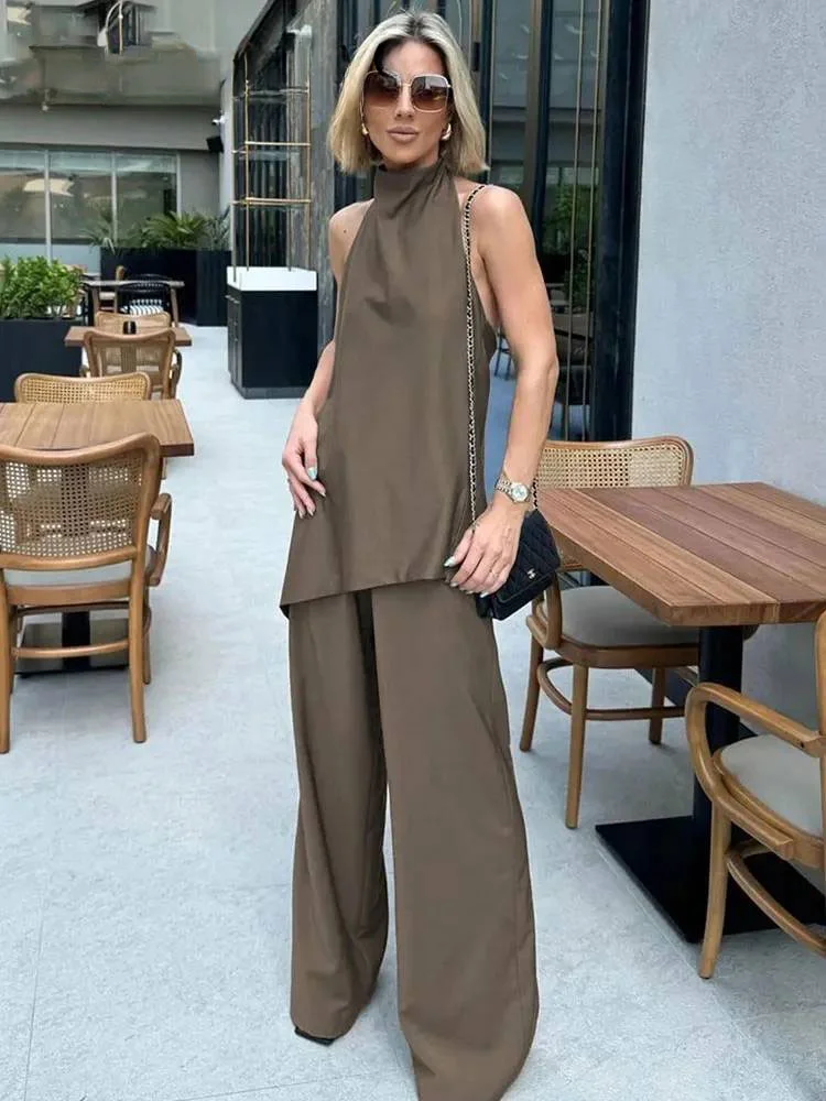 2024 New Fashion Female Long Pant Sets Backless Sexy Halter Camis Top + Elastic Waist Woman Straight Wide Leg Trousers