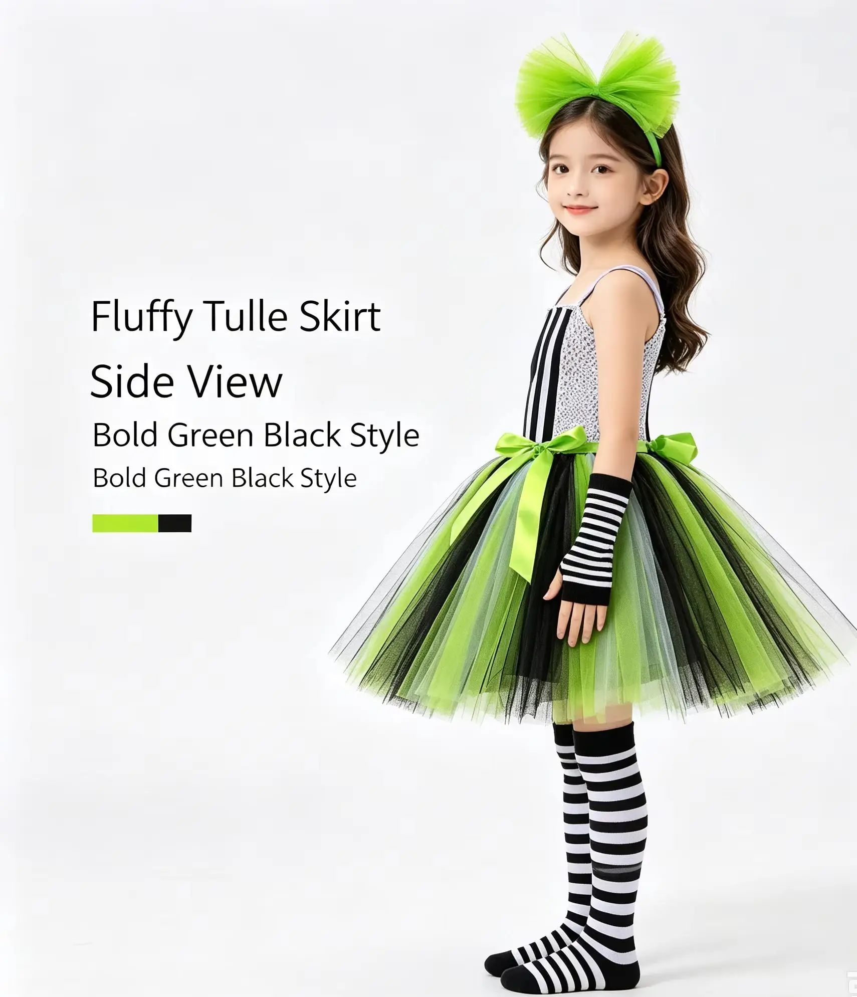 Green Black Contrast Mesh Tutu Dress Layered Air Crochet Tulle Gown Ribbon Tie Stylish Outfit Halloween Holiday Thin Soft Attire