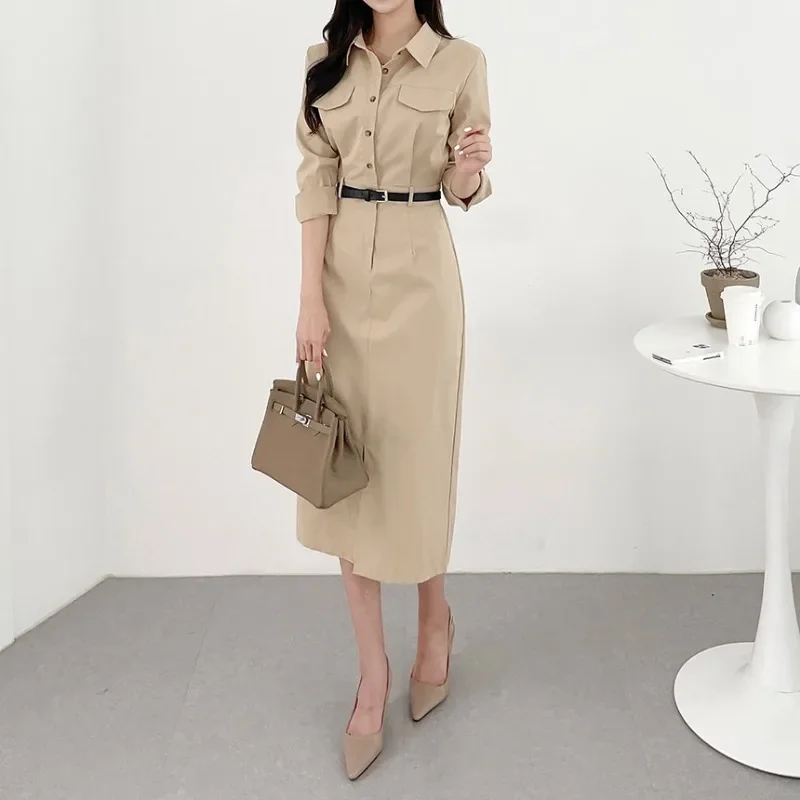 

Office Maxi Dress With Belt Elegant Women Summer Elegant Long Shirt Sundress Robe Casual Solid Color Midi Vestidos Платье 원피스