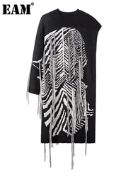 [EAM] Women  Knitting Striped Tassels Big Size Dress New Round Neck Long Sleeve Loose Fit Fashion Tide Spring Autumn 2024 SG592