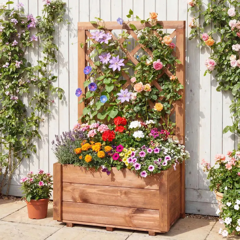 Wooden Raised Garden Bed with Lattice Trellis Drainage Holes-Orange