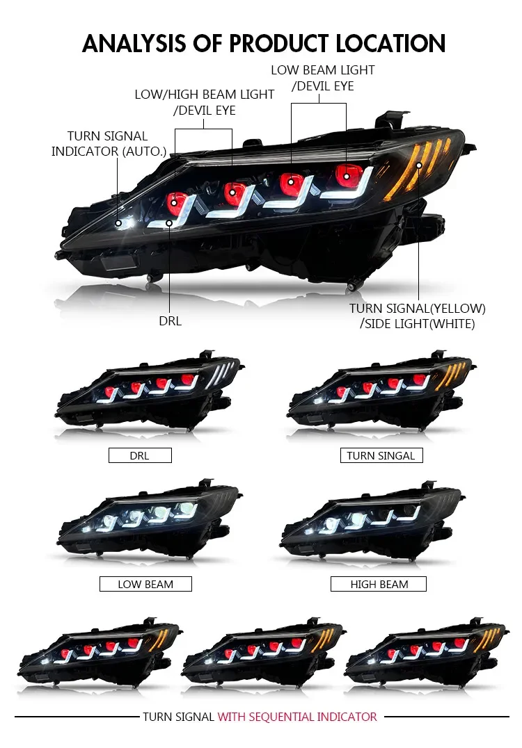LED Headlights  For Toyota Camry 2018-2024 8 Lens DRL Turn Signal With Devil Eyes