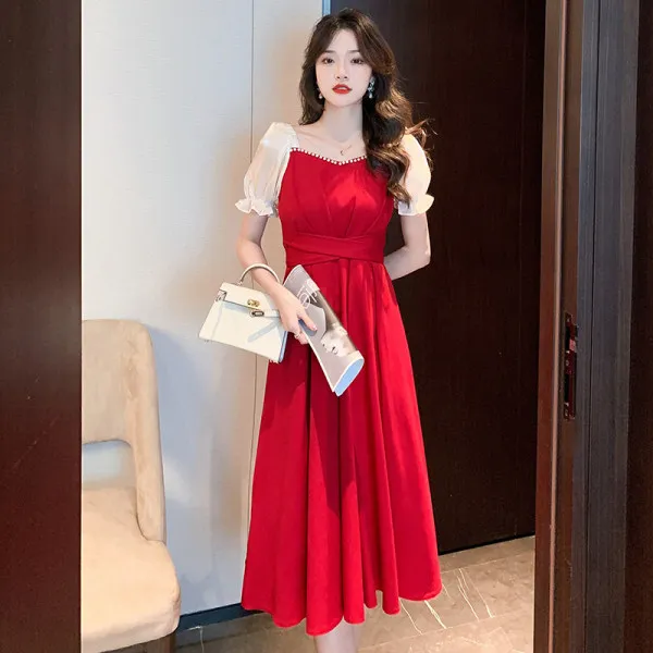 The new spring and summer dress style gentle wind women's wear red dress female small dress in the hip