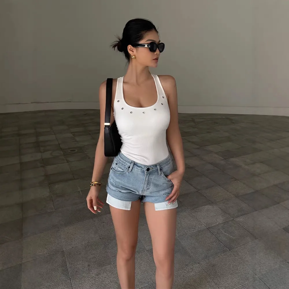 American Spice Girl High Waist Curled Edge Pocket Denim Shorts Women's Summer Contrast Color Curled Wide Leg Hot Pants