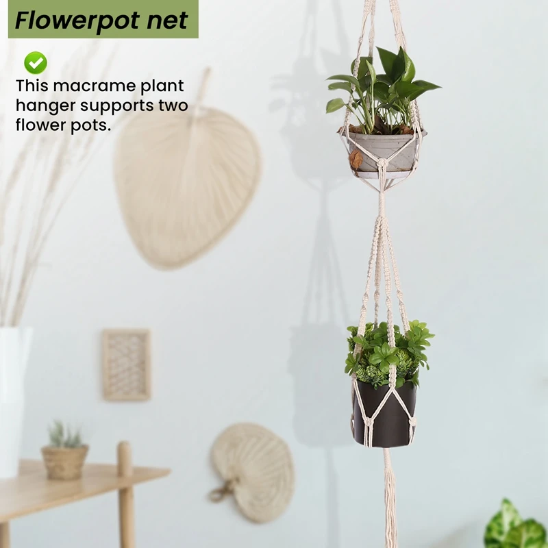 Macrame Double Plant Hanger Indoor Outdoor 2 Tier Hanging Planter Cotton Rope 4 Legs 67 Inch