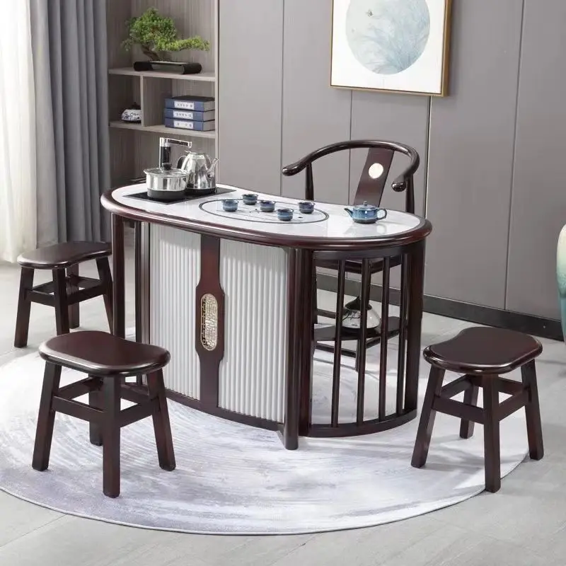 Household solid wood table and chair combination balcony Chinese rock slab Kung Fu office coffee table one-piece small apartment