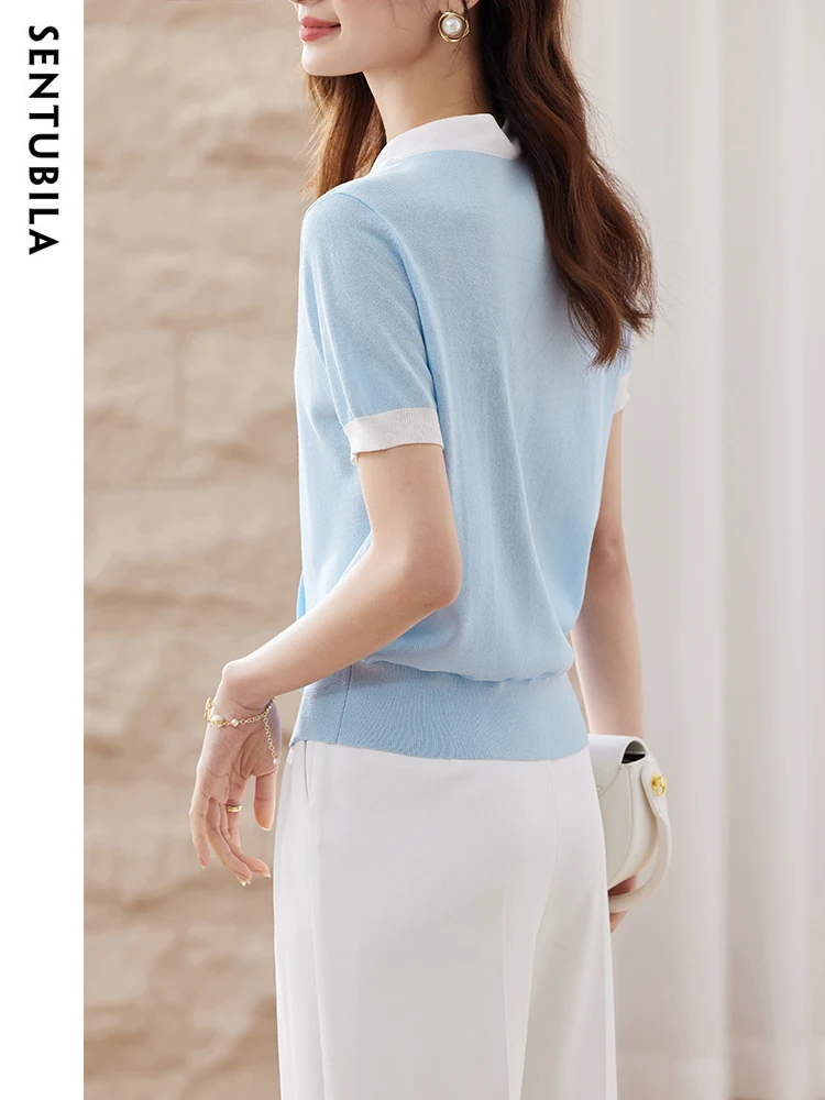 SENTUBILA Elegant Chic Knitwear for Women Fashion Button Gentle Sweater Summer Short Sleeve Office Ladies Knitted Top W32H48909