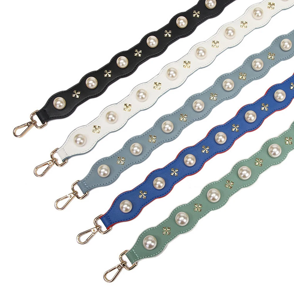 Women Leather Bag Strap Pearl Flower Handbag Handle Straps Shoulder Crossbody Replacement Belt Handmade Accessories Length 90cm